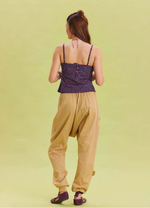Rope Detailed Buttoned Elastic Waist Camel Bohemian Trousers 4557